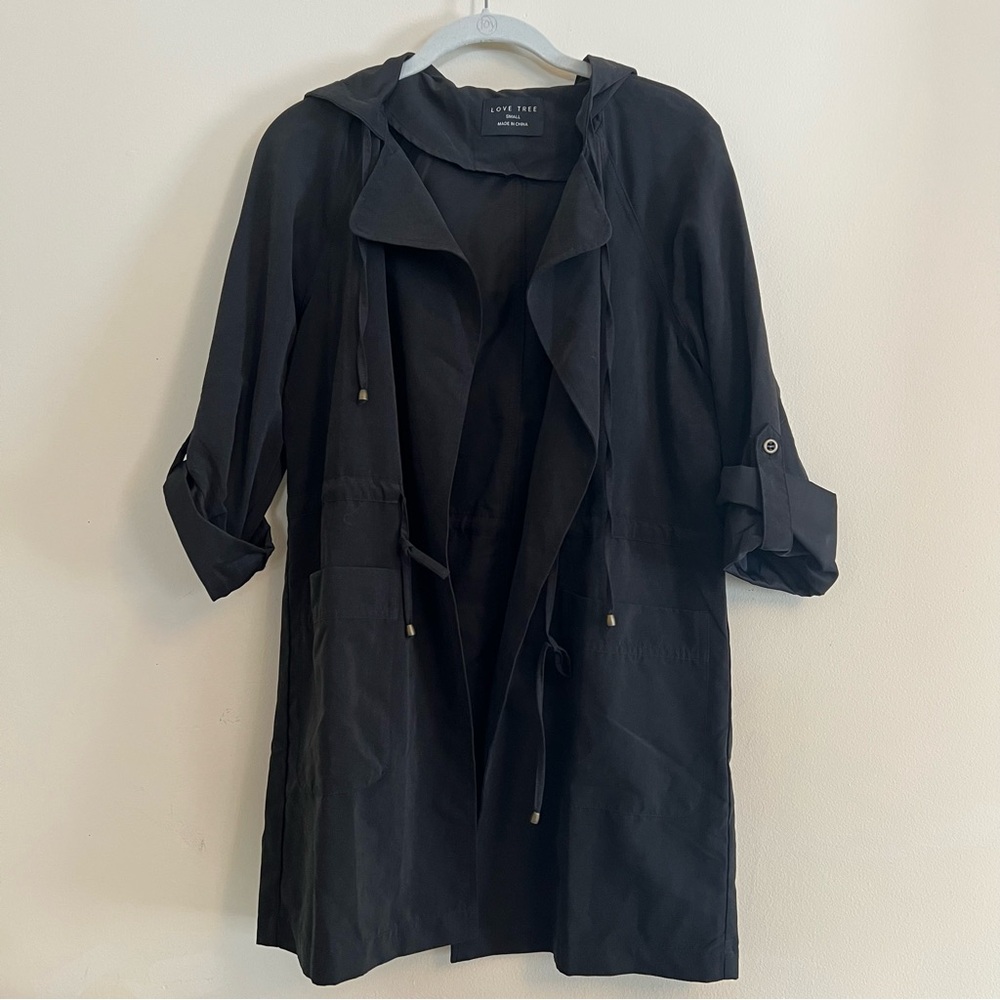 Love Tree‎ Black Jacket Open Front Long Sleeve Cinched Waist Hooded Black Small